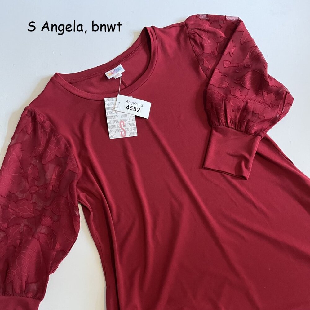 Small Lularoe Angela mixed media dress, maroon with sheer applique sleeves